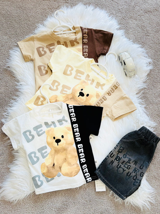 Boys Outfit Set Fashion Sweatshirt Tops +Black Shorts Spring Cartoon Bear Kids Clothes Suit